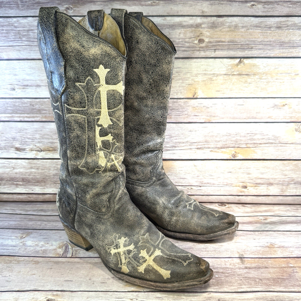 Circle G Womens Brown Distressed Cross Embossed Western Cowgirl Boots 9.5M